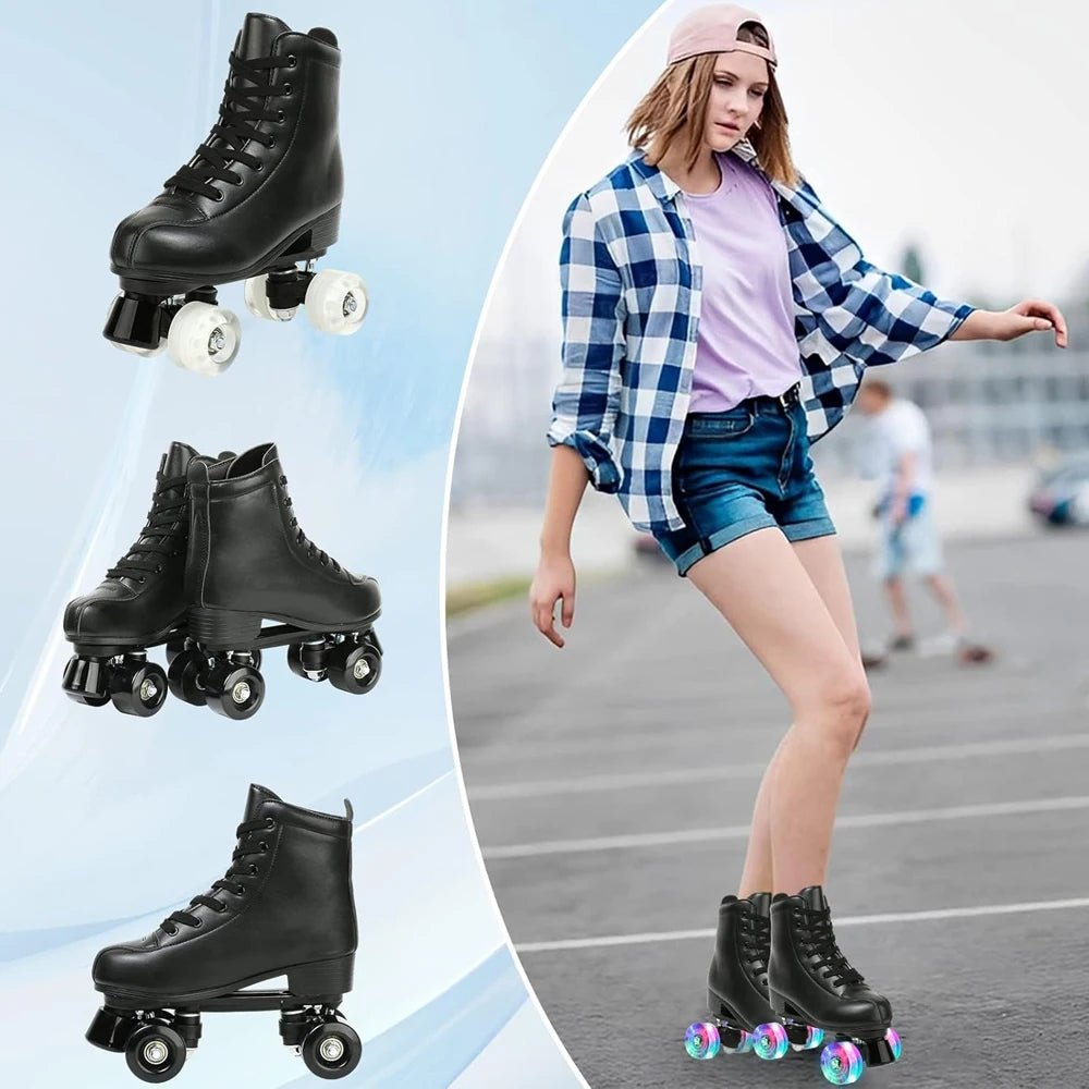 PU leather inline quad roller skates with 4 flash wheels, training and recreational skating sneakers