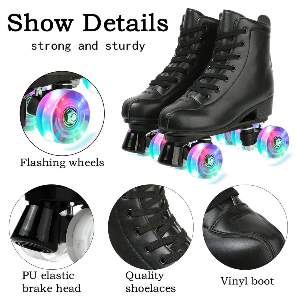 PU leather inline quad roller skates with 4 flash wheels, training and recreational skating sneakers