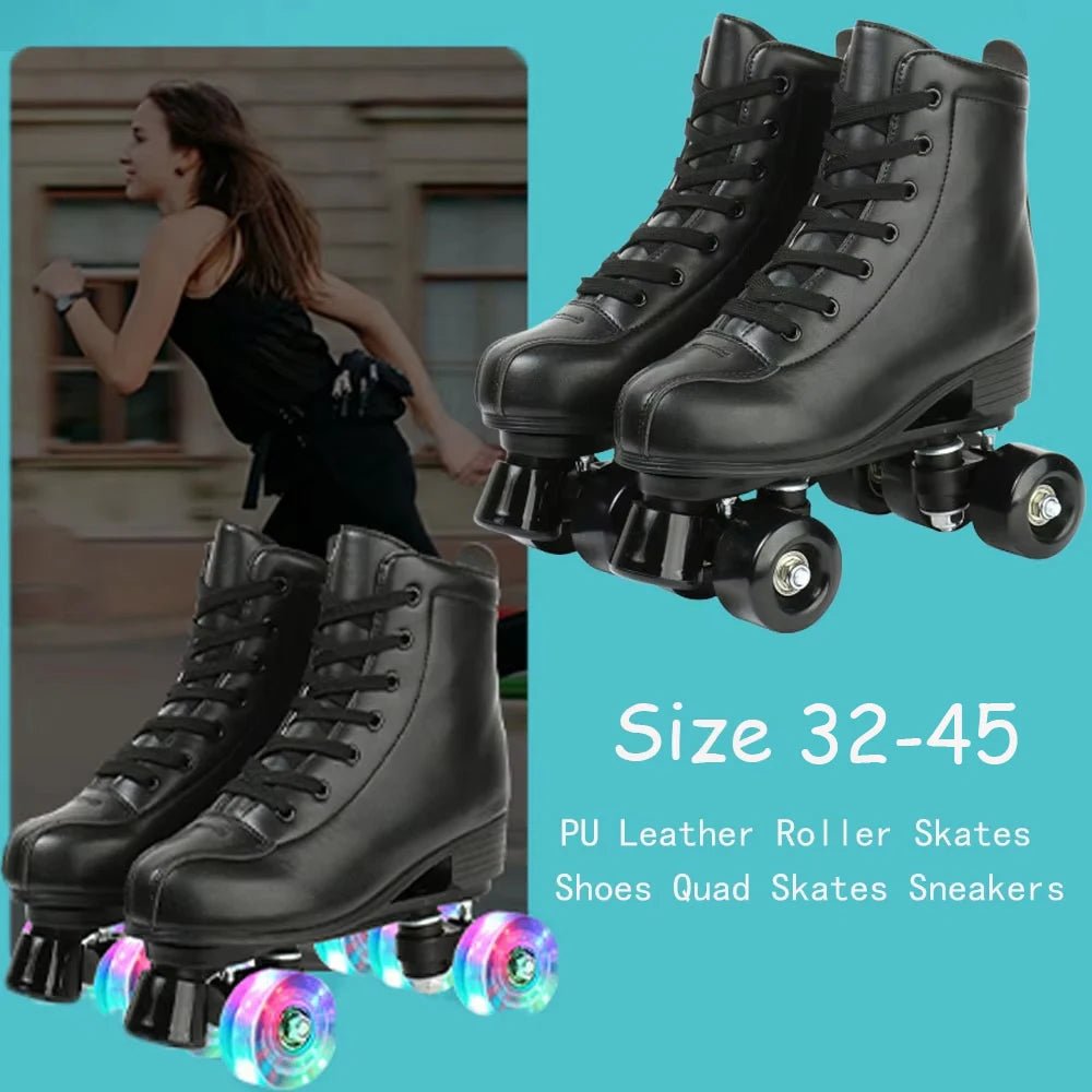 PU leather inline quad roller skates with 4 flash wheels, training and recreational skating sneakers