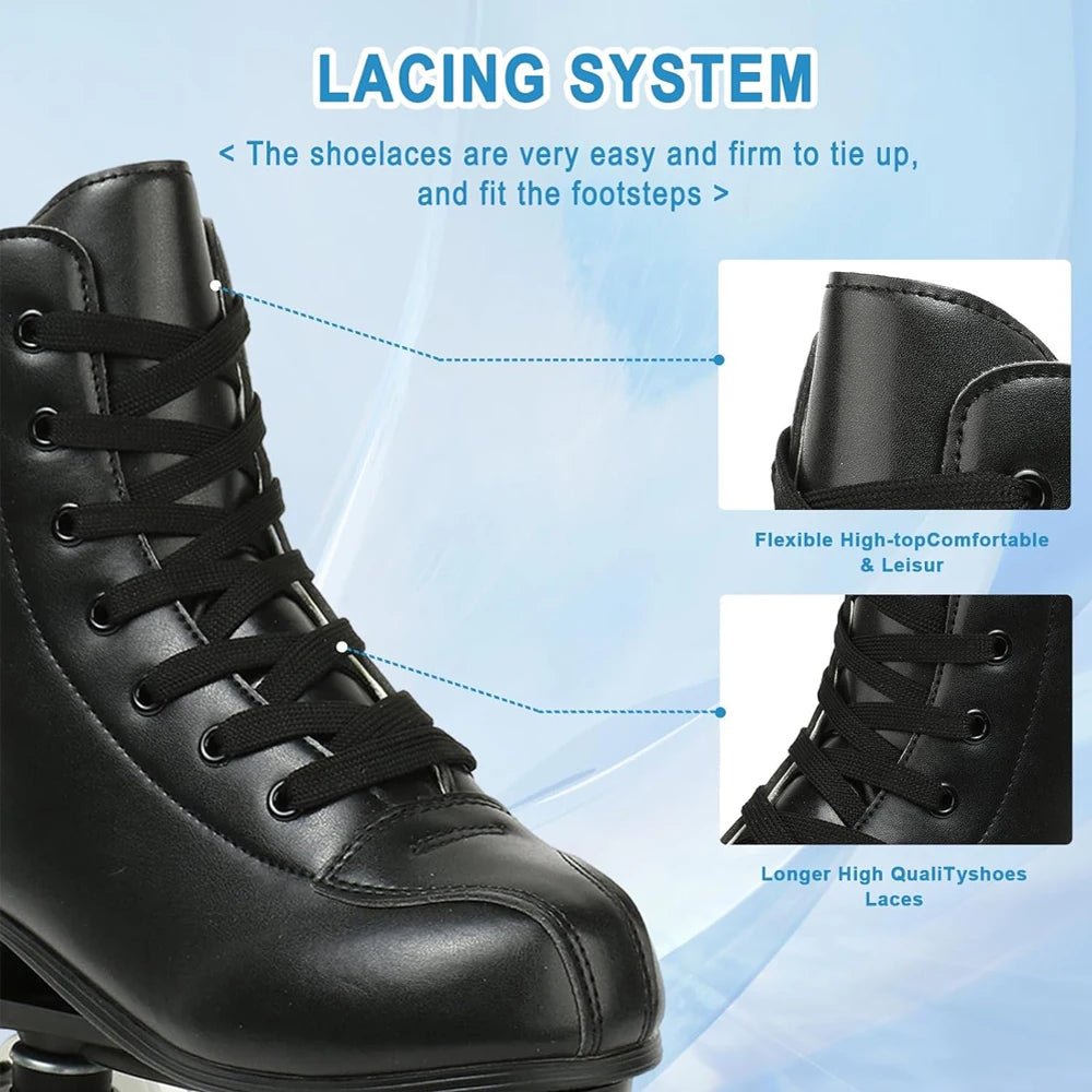 PU leather inline quad roller skates with 4 flash wheels, training and recreational skating sneakers