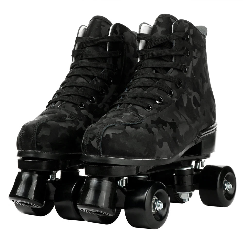 PU leather inline quad roller skates with 4 flash wheels, training and recreational skating sneakers