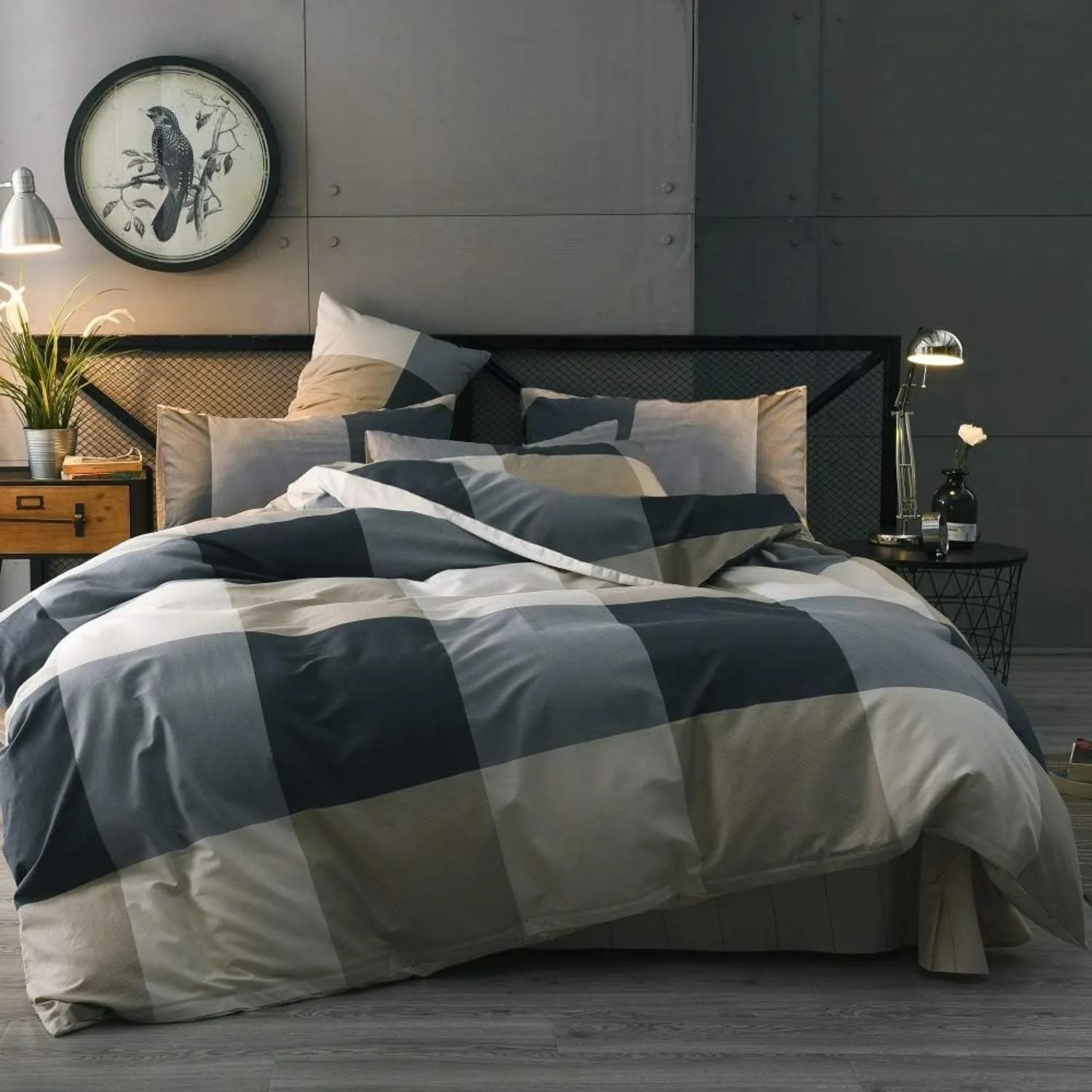 Queen Comforter Set Fluffy Plaid Checkered Pattern Comforter Set Modern Style Geometric Comforter with 2 Pillow Shams Grid Plaid - silverfoxgoods