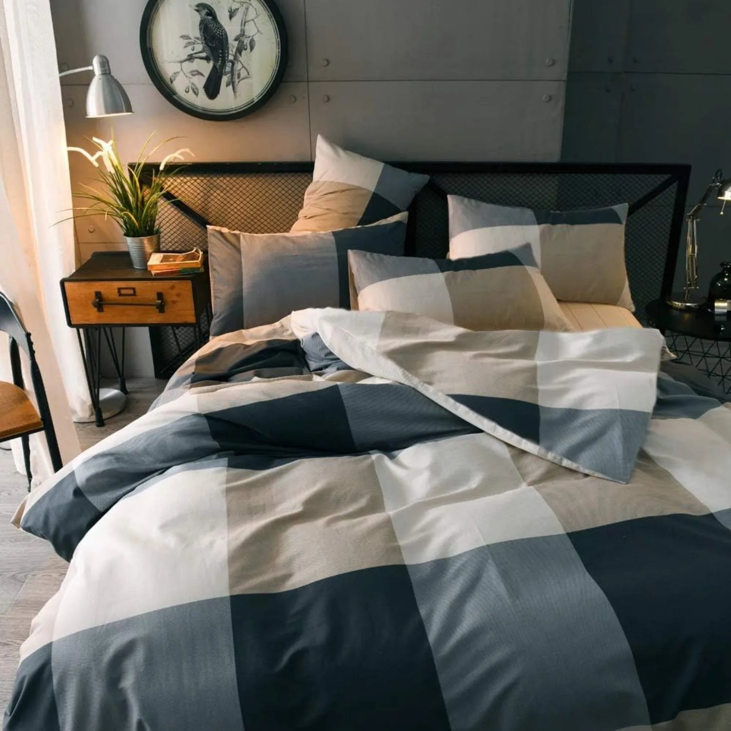 Queen Comforter Set Fluffy Plaid Checkered Pattern Comforter Set Modern Style Geometric Comforter with 2 Pillow Shams Grid Plaid - silverfoxgoods