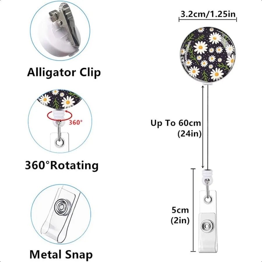 Retractable ID Badge Holder Badge Reels with Clip Name Card Holders for Office Worker Doctor Cute Flowers 3 Pack - silverfoxgoods