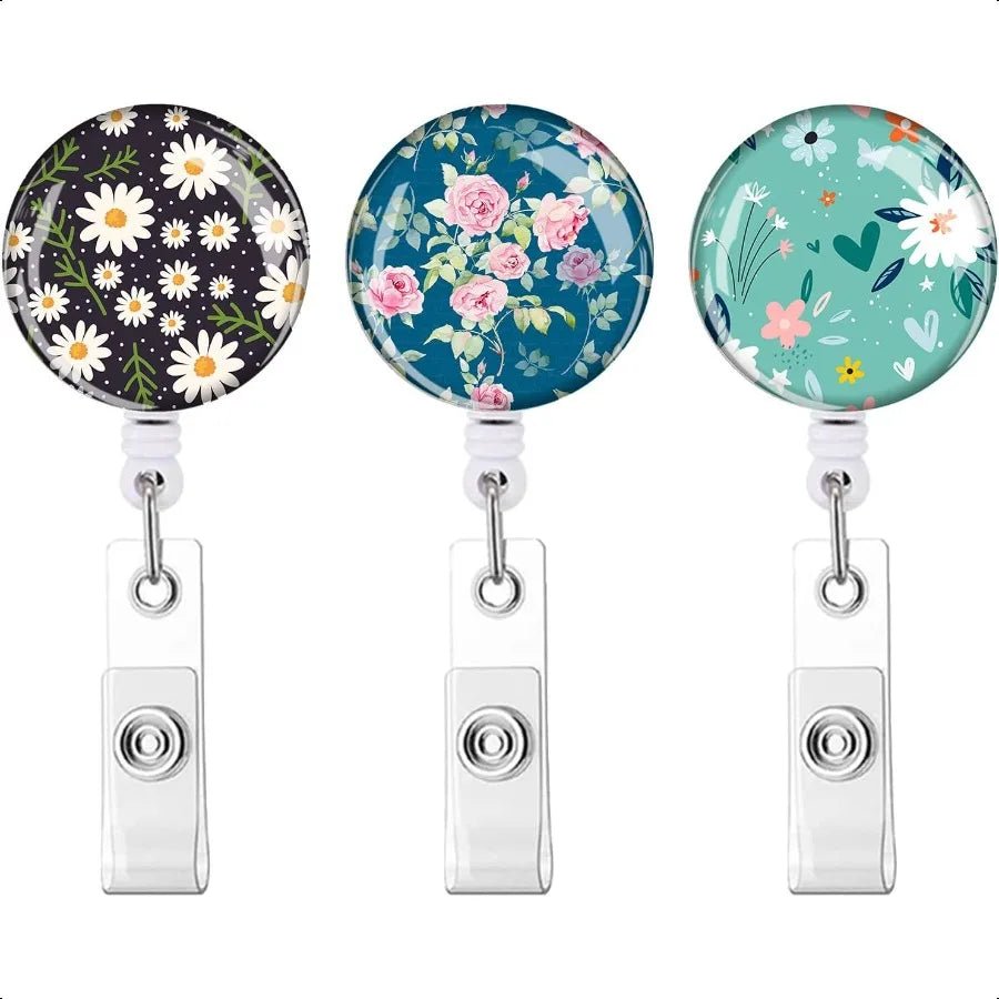 Retractable ID Badge Holder Badge Reels with Clip Name Card Holders for Office Worker Doctor Cute Flowers 3 Pack - silverfoxgoods