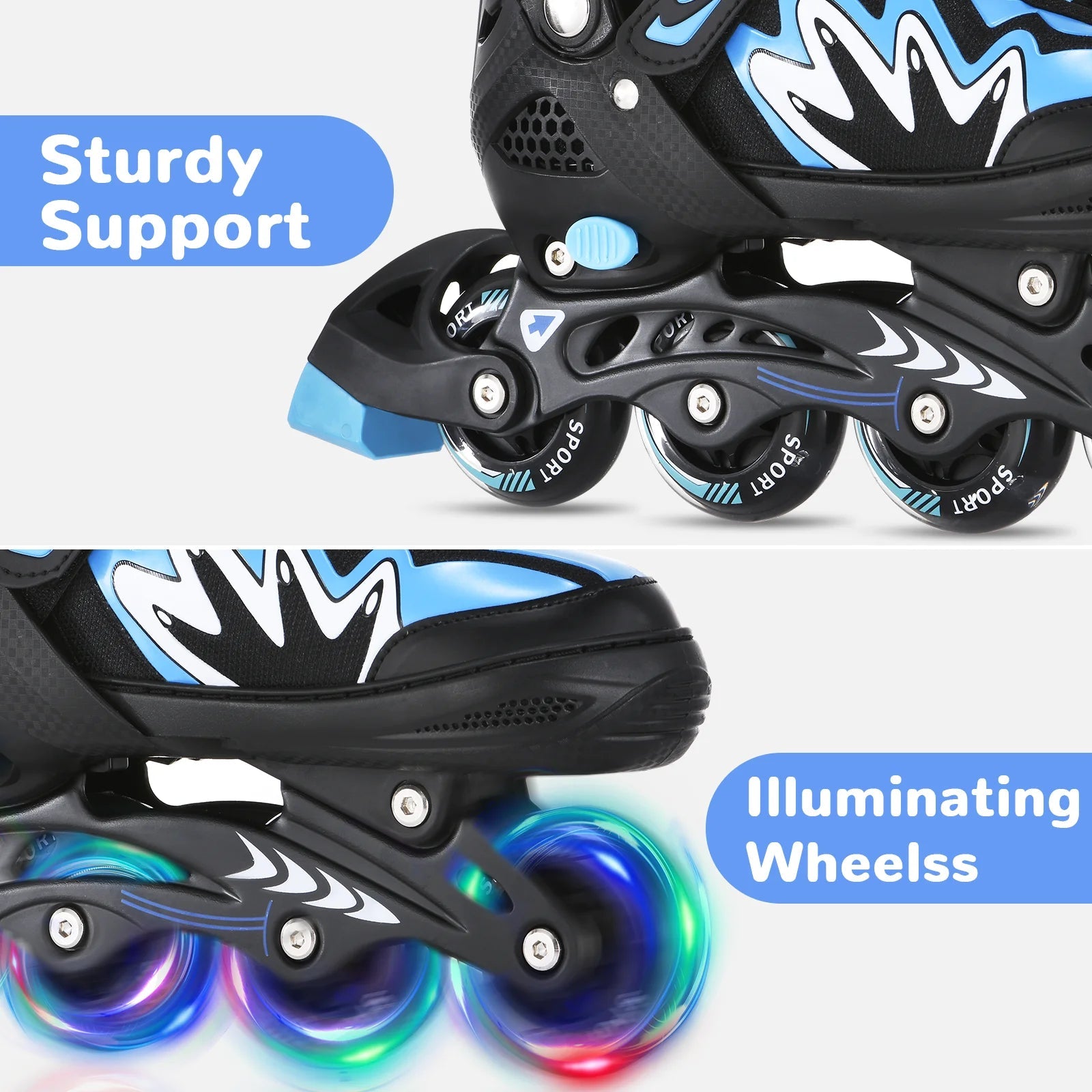 Kids adjustable roller blades with light-up wheels and secure triple closure system for boys and girls