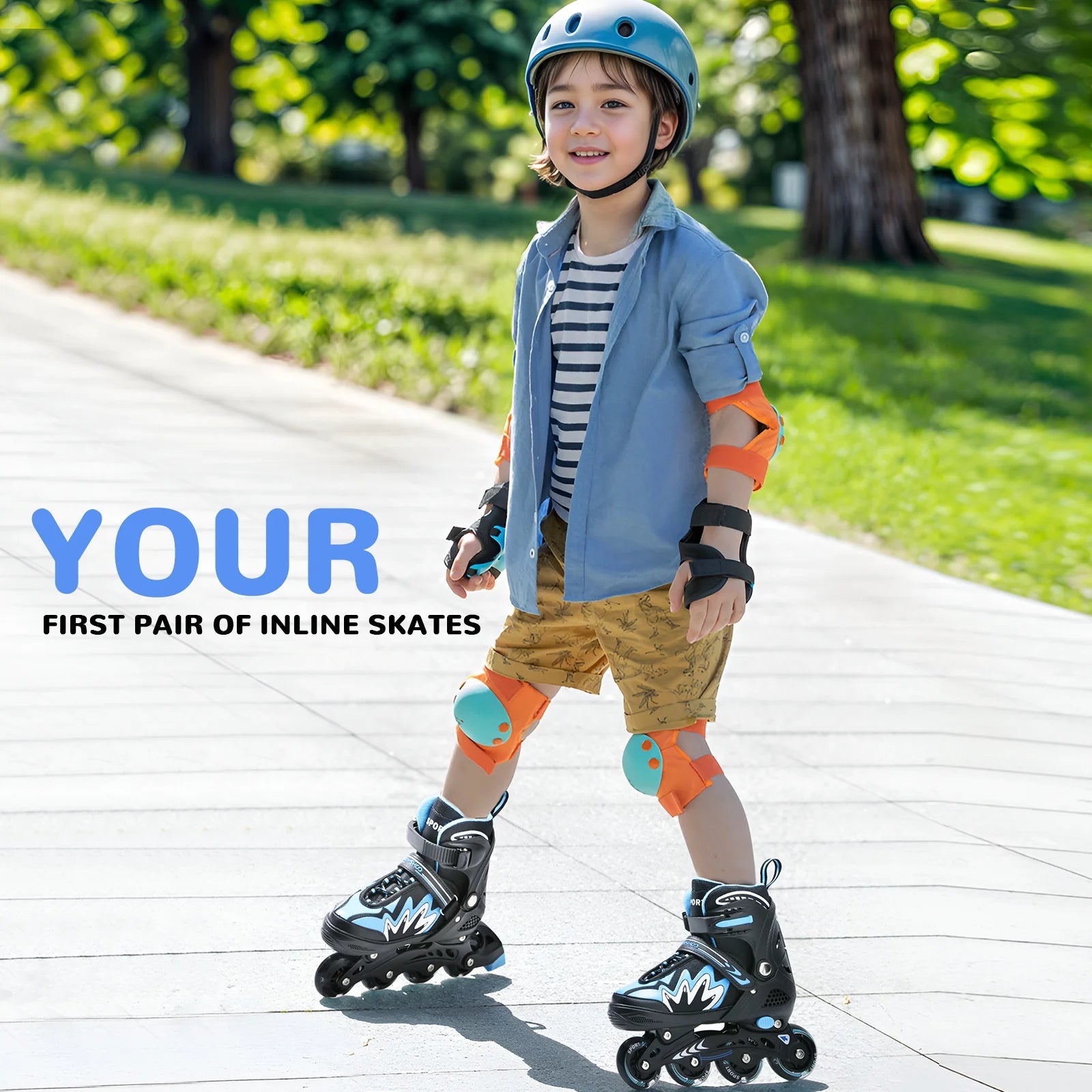 Kids adjustable roller blades with light-up wheels and secure triple closure system for boys and girls