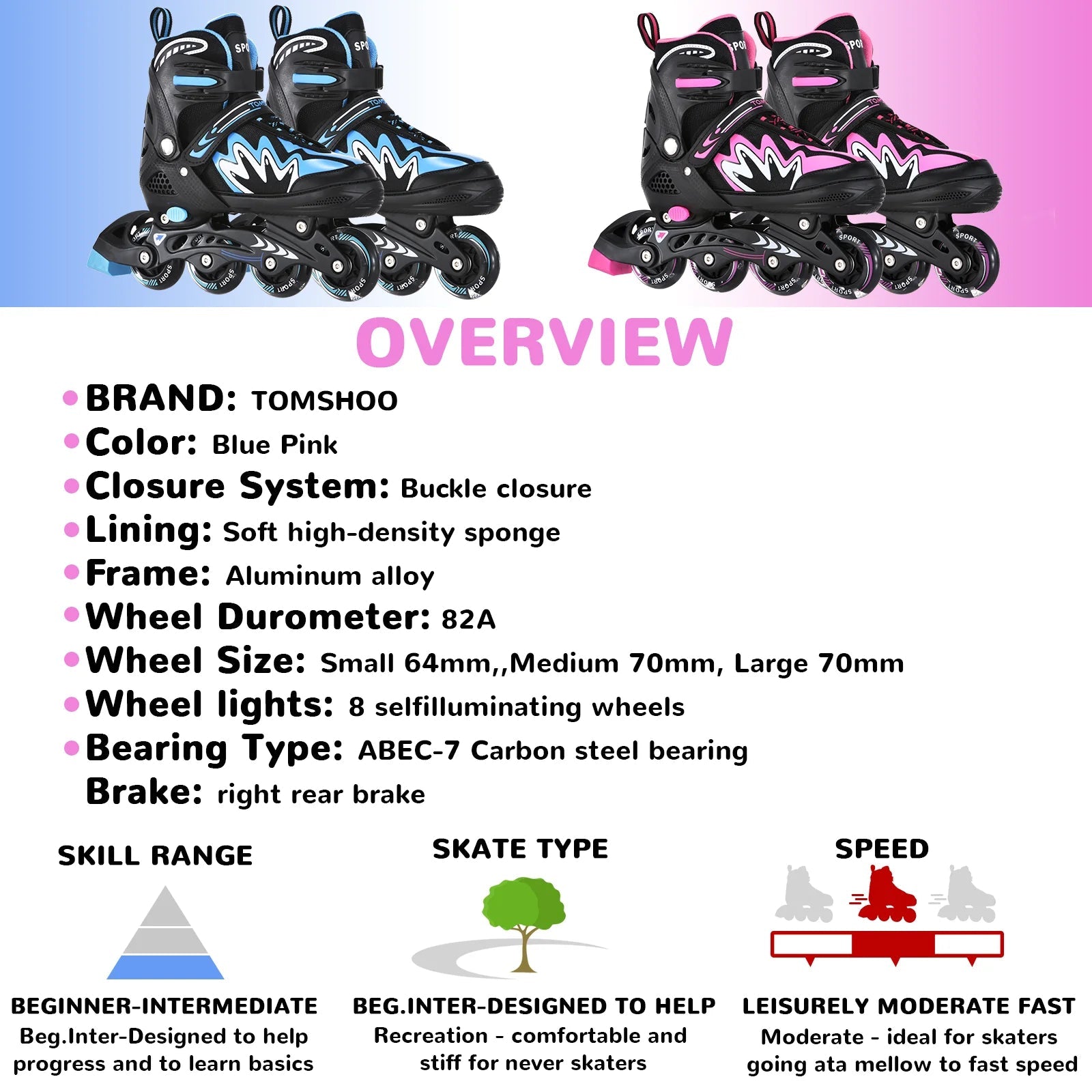 Kids adjustable roller blades with light-up wheels and secure triple closure system for boys and girls