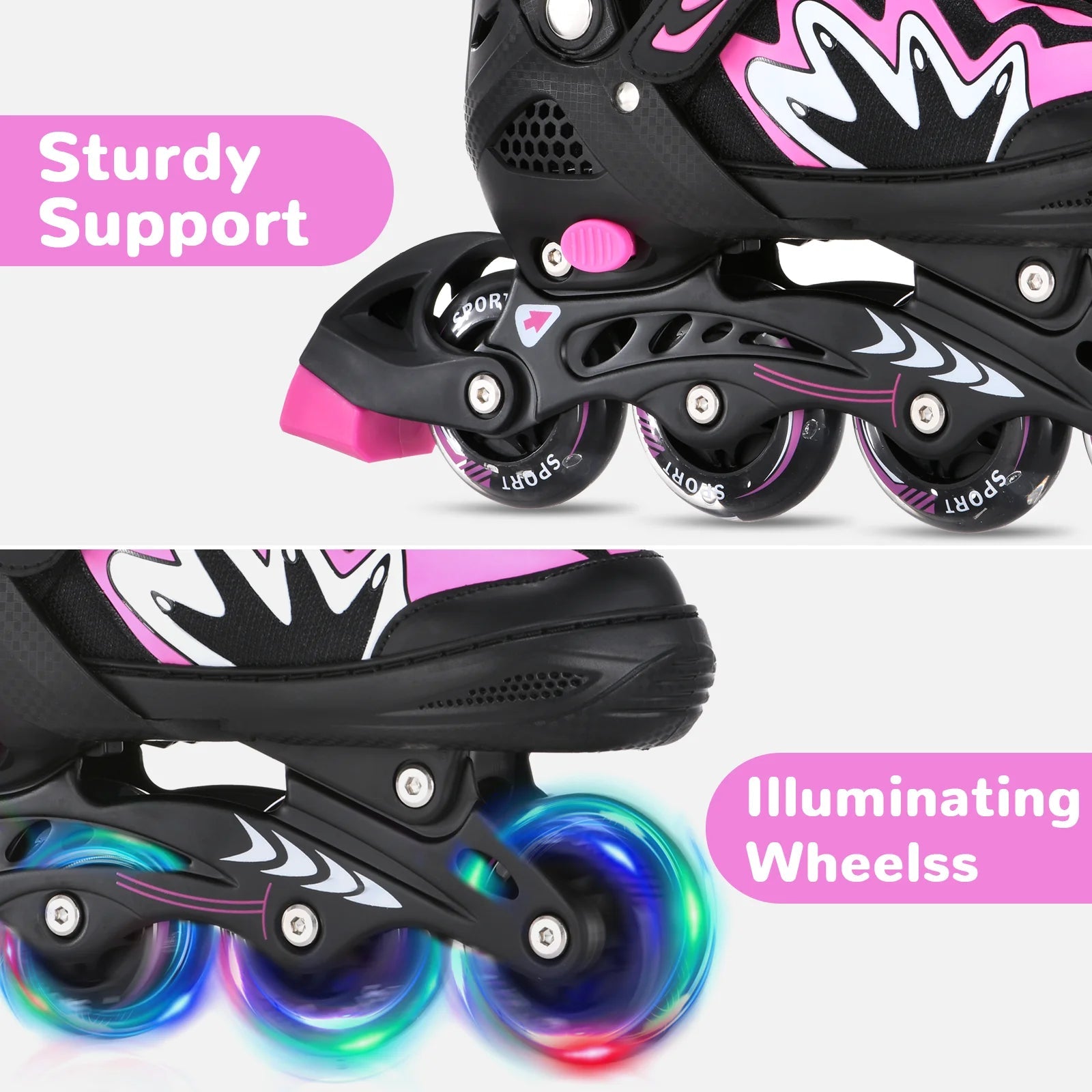 Kids adjustable roller blades with light-up wheels and secure triple closure system for boys and girls