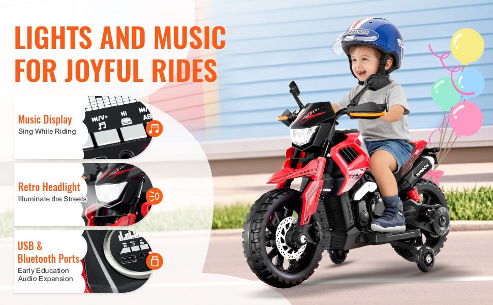 SucceBuy 6/12V Kids Electric Ride-On Motorcycle – Bluetooth, Music & Headlight - silverfoxgoods