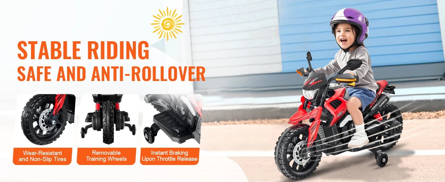 SucceBuy 6/12V Kids Electric Ride-On Motorcycle – Bluetooth, Music & Headlight - silverfoxgoods