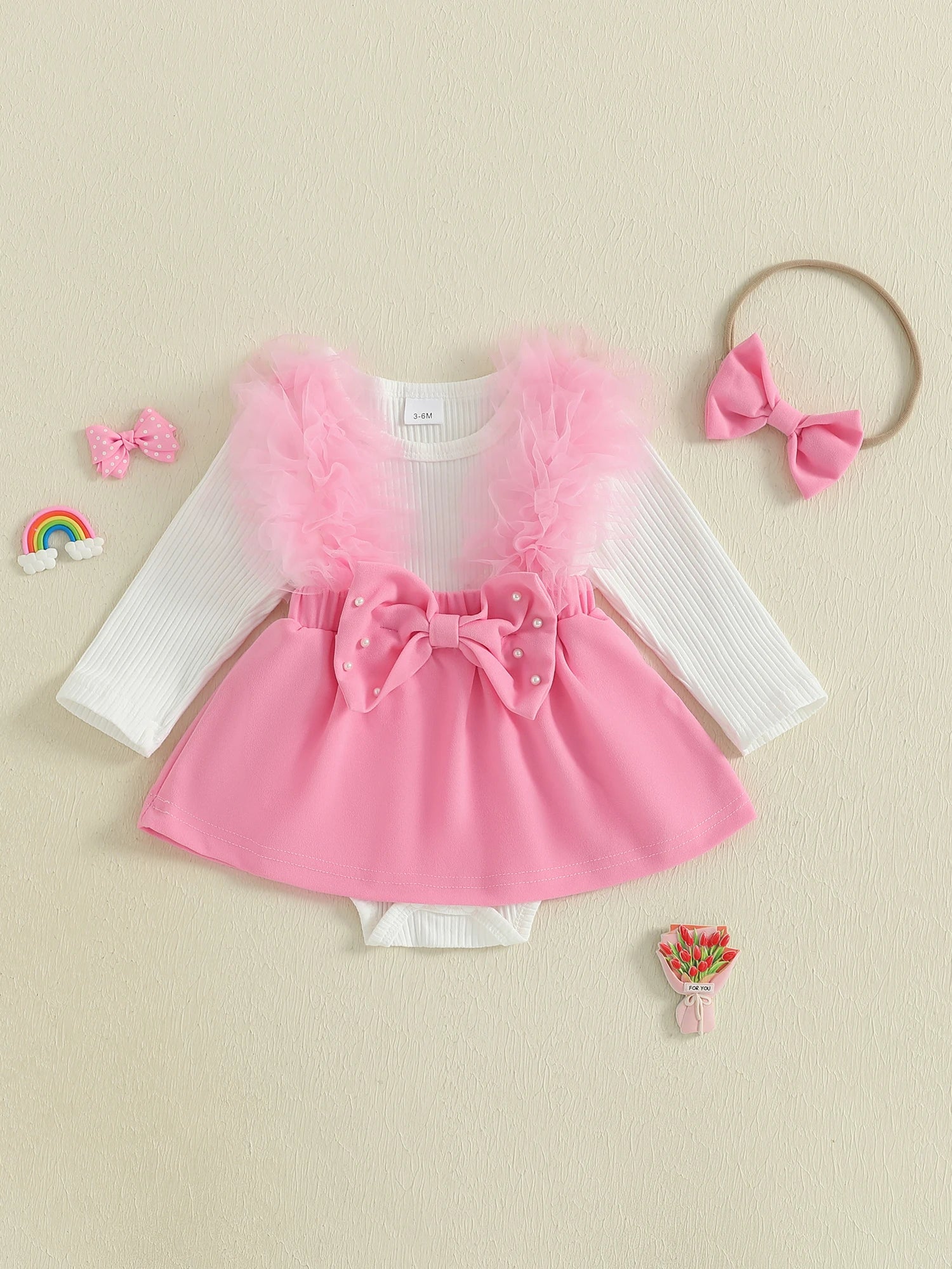 Toddler Princess Floral Lace Romper Dress Ruffle Sleeve Round Neck Pearl Bow Jumpsuit with Matching Headband and Socks - silverfoxgoods