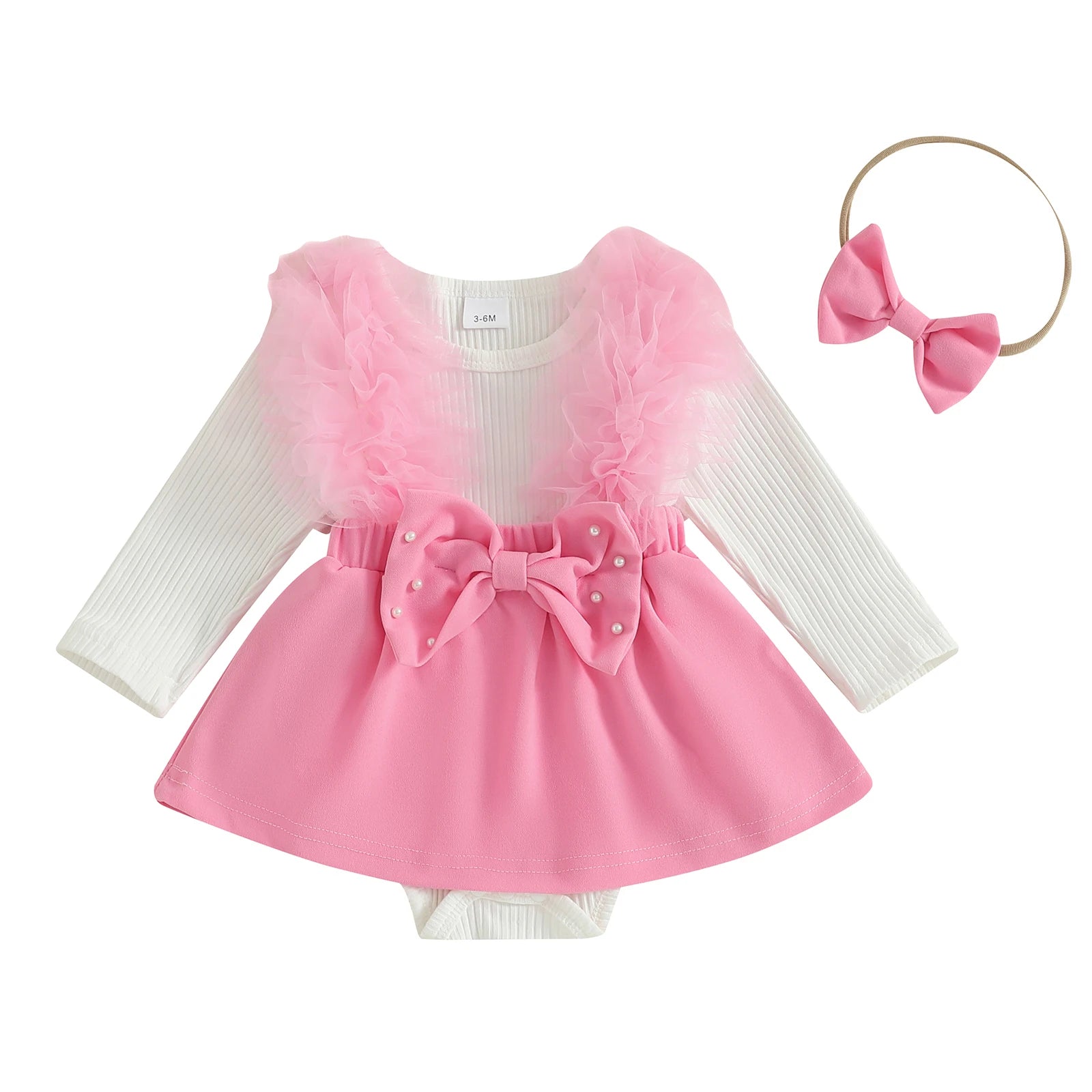 Toddler Princess Floral Lace Romper Dress Ruffle Sleeve Round Neck Pearl Bow Jumpsuit with Matching Headband and Socks - silverfoxgoods