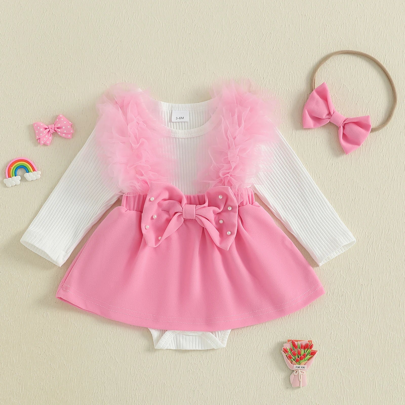 Toddler Princess Floral Lace Romper Dress Ruffle Sleeve Round Neck Pearl Bow Jumpsuit with Matching Headband and Socks - silverfoxgoods