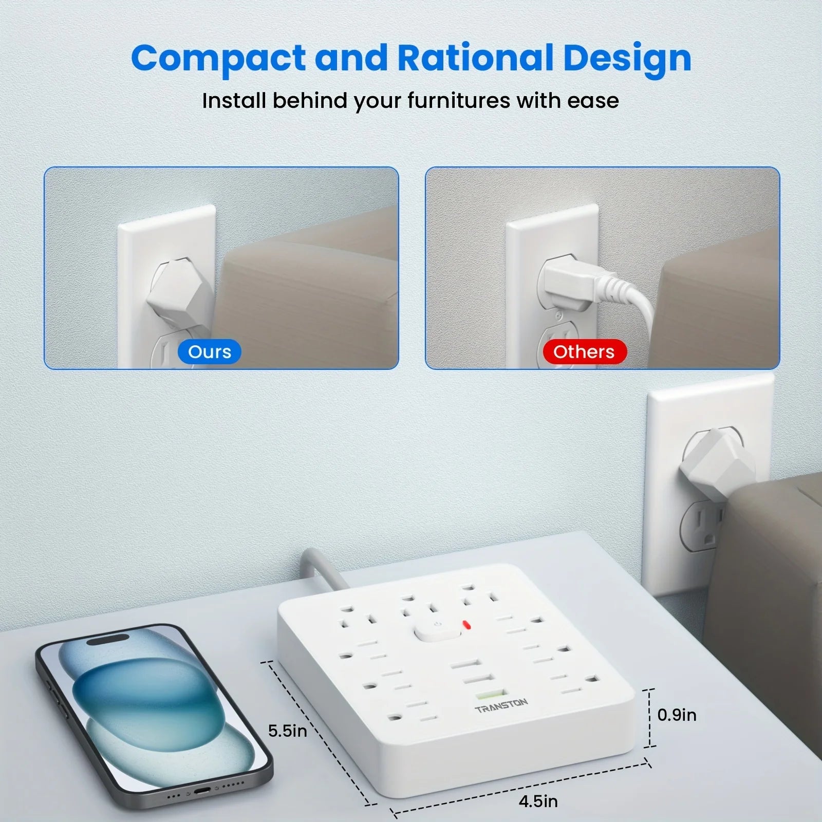 TRANSTON Power strip with Surge Protector, 9 power strip 3 USB Ports,5ft Extension Cord, Quick Charge, For Home and Off - silverfoxgoods