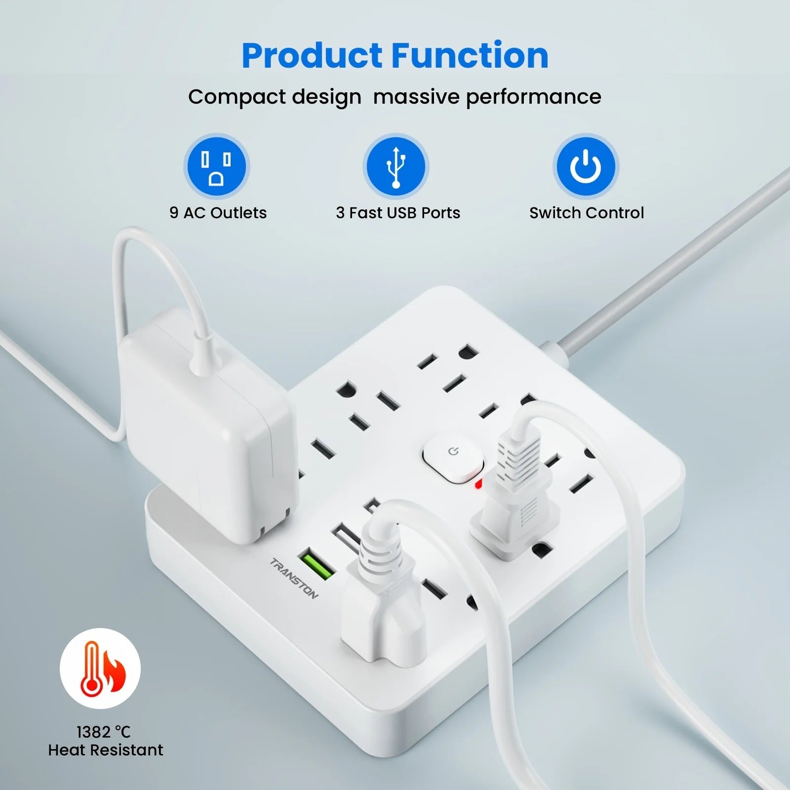 TRANSTON Power strip with Surge Protector, 9 power strip 3 USB Ports,5ft Extension Cord, Quick Charge, For Home and Off - silverfoxgoods