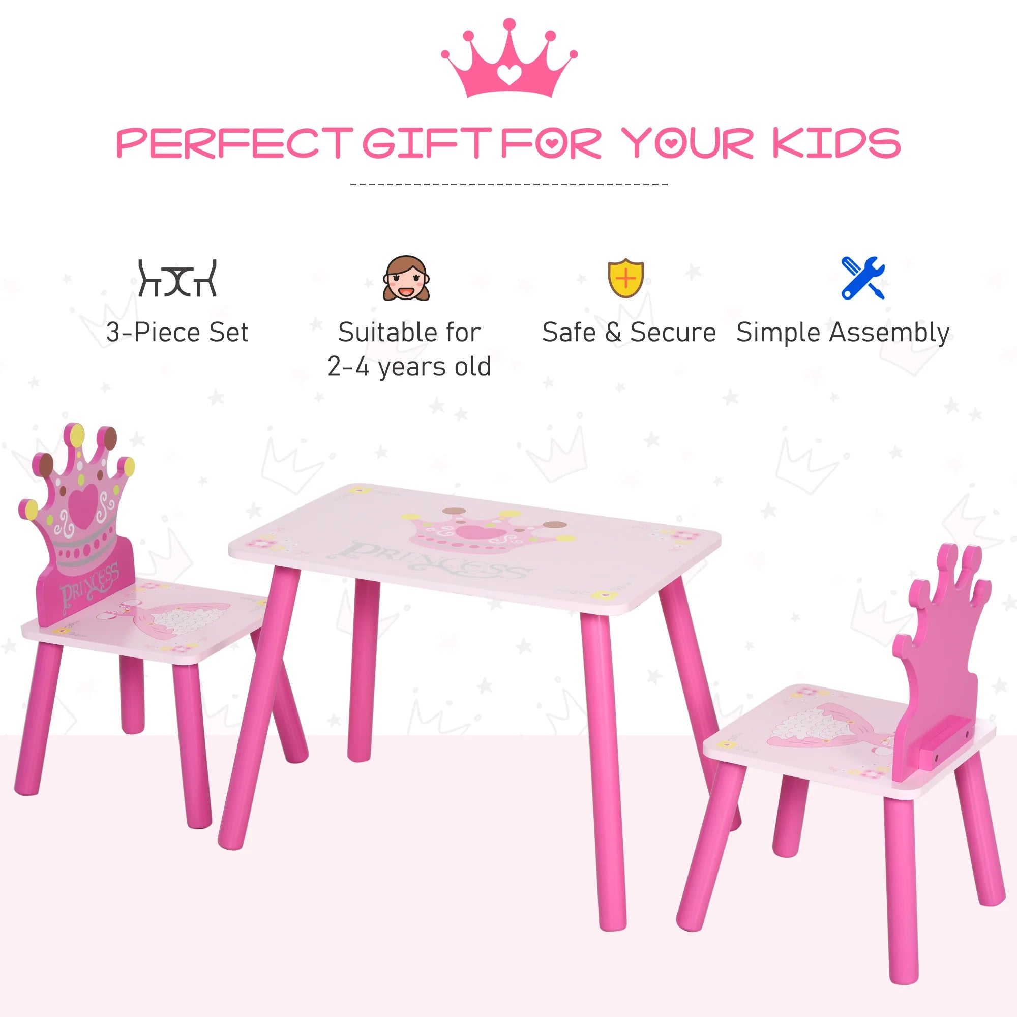 Triple Piece Collection Children's Wood Table Seat with Crown Pattern - silverfoxgoods