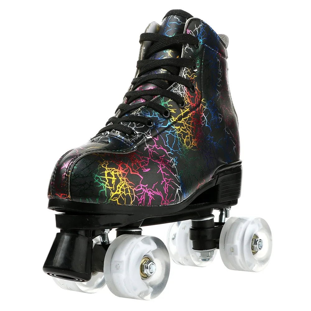 Unisex PU leather zebra print roller skates with flash quad wheels