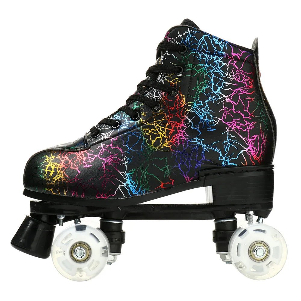 Unisex PU leather zebra print roller skates with flash quad wheels