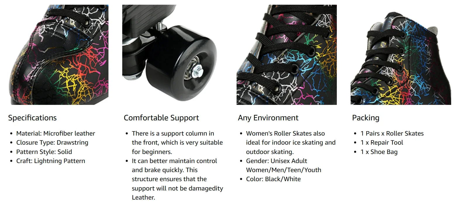 Unisex PU leather zebra print roller skates with flash quad wheels