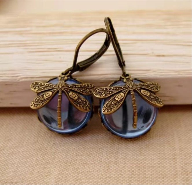 Dragonfly Moonstone Drop Earrings in Gold Metal for Women - silverfoxgoods