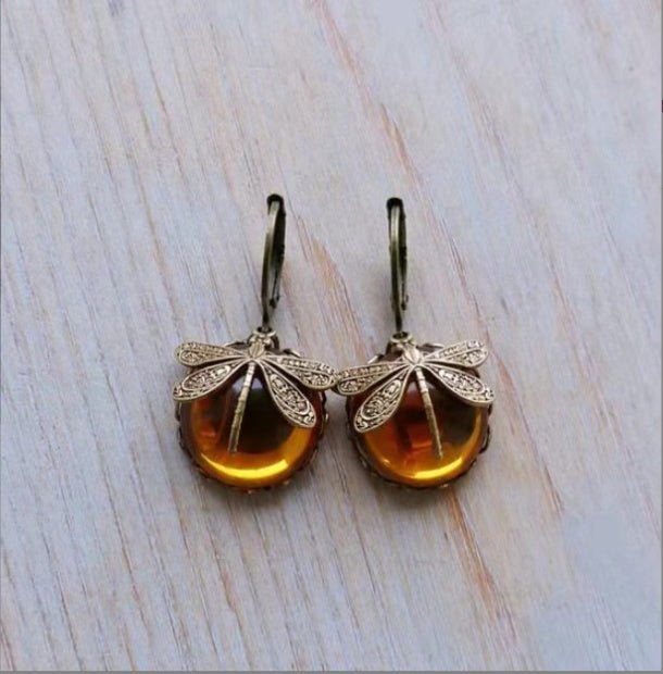 Dragonfly Moonstone Drop Earrings in Gold Metal for Women - silverfoxgoods