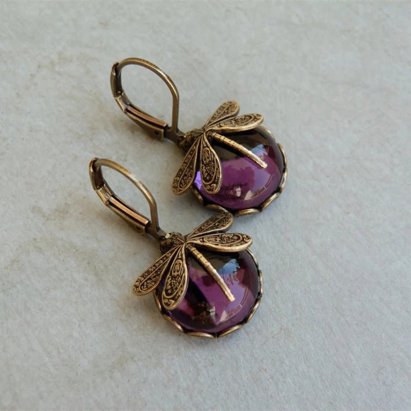 Dragonfly Moonstone Drop Earrings in Gold Metal for Women - silverfoxgoods