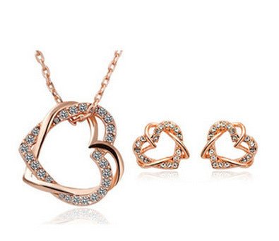 Yiwu Fashion Jewelry Factory Jewelry Customized Double Diamond Heart Necklace Earring Set - silverfoxgoods