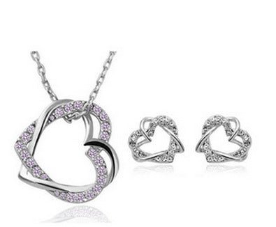 Yiwu Fashion Jewelry Factory Jewelry Customized Double Diamond Heart Necklace Earring Set - silverfoxgoods